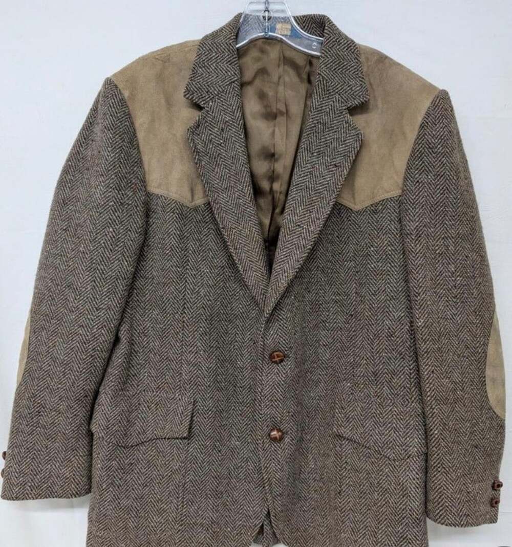 VTG Pendleton Mens Western Sport Coat 44R Brown Herringbone Tweed Suede Patches
